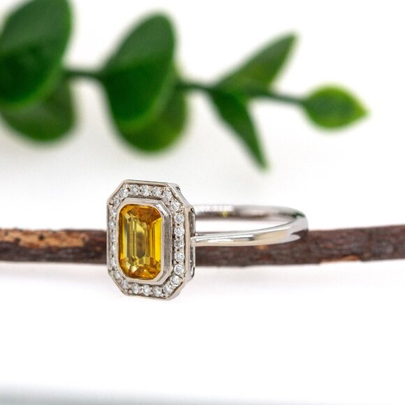 Ceylon Yellow Sapphire Ring in 14K Solid Gold with Natural Diamond Halo - Picture 5 of 8